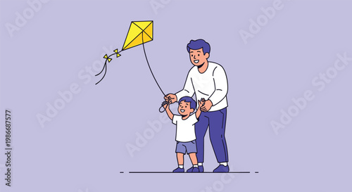 Father and his young son enjoy a fun day outdoors flying a bright yellow kite together against a purple background.