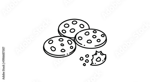 Black and white line art illustration of three delicious chocolate chip cookies with one showing a missing bite mark.