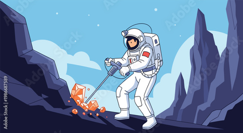 Astronaut in a white space suit uses a heavy jackhammer to collect valuable mineral samples on a rocky alien planet.