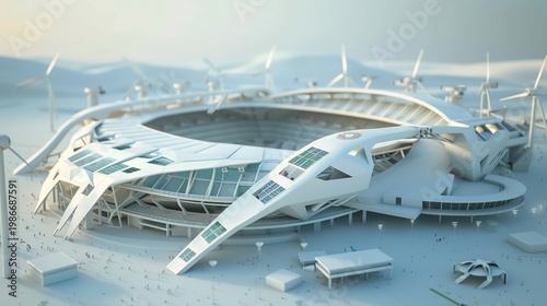 An illustrative 3D model of a futuristic sports arena powered by renewable energy sources  ,3D style