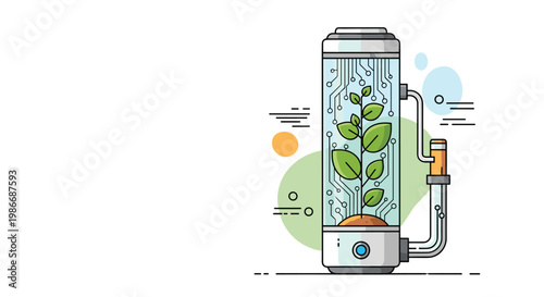 Futuristic botanical experiment shows a green plant growing inside a glass cylinder with integrated electronic circuits.