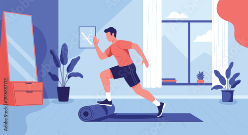 Young man performs step-up exercises on a rolled yoga mat in a modern living room setting to stay fit and healthy.