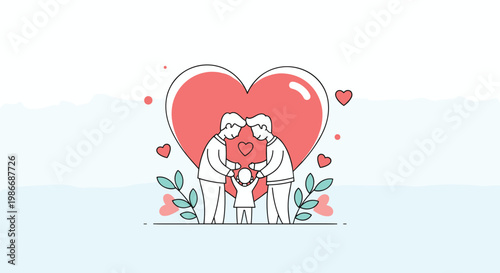 Two men and a small child stand together in front of a large red heart symbolizing a diverse and loving modern family.