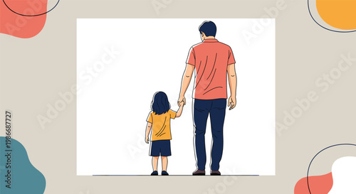 Rear view of a father and his young child walking together and holding hands in a simple character design illustration.