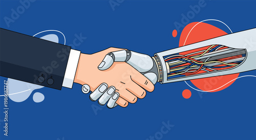 Close up illustration of a human hand in a business suit shaking hands with a robotic arm symbolizing technology and partnership.