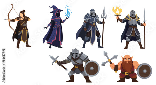 Diverse group of fantasy role-playing game characters including an elf archer, powerful mage, stoic knights, and a stout dwarf warrior.