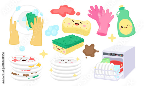 Cute Dishwashing Clipart, Kawaii Dirty Dishes Sponge Soap Set