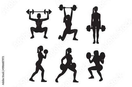 Silhouettes of people performing various weightlifting and strength training exercises