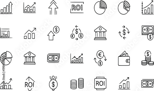 Minimal ROI finance line icon set 40 vector elements editable stroke for mobile and web pixel perfect