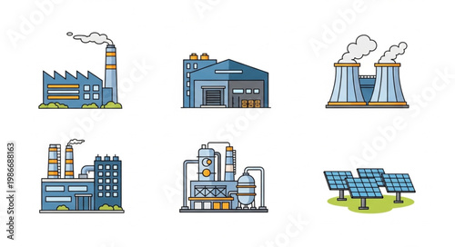 Diverse Energy Production Facilities - Factories, Nuclear Plant, and Solar Panels.