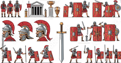 Ancient Roman Warriors, Armor, and Architecture Set Featuring Gladiators, Swords, Shields, and Roman Landmarks for Vector Illustrations