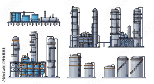 Complex industrial plant and refinery infrastructure illustration.