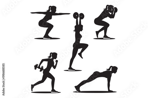 Silhouette illustrations depicting various athletic women exercising intensely