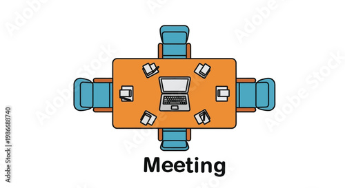 Professional business meeting table vector illustration featuring a laptop, chairs, and papers from an aerial perspective.