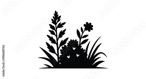 A simple black silhouette depicts a collection of various wildflowers and grasses