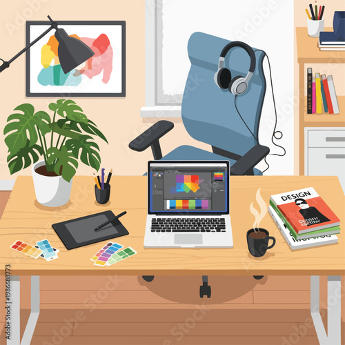 A cluttered desk with office supplies and a laptop