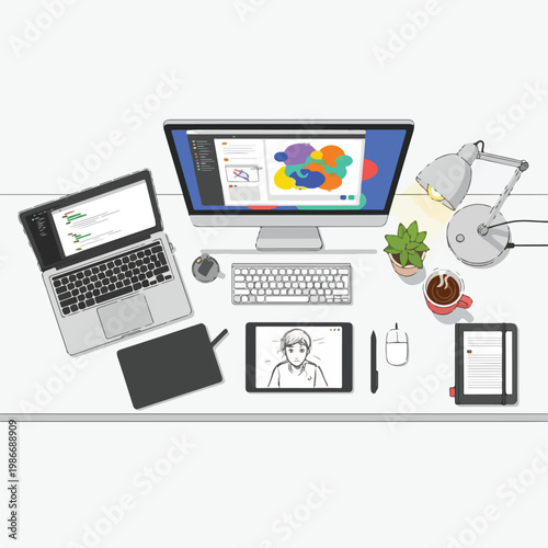 A cluttered desk with various electronic devices and office supplies