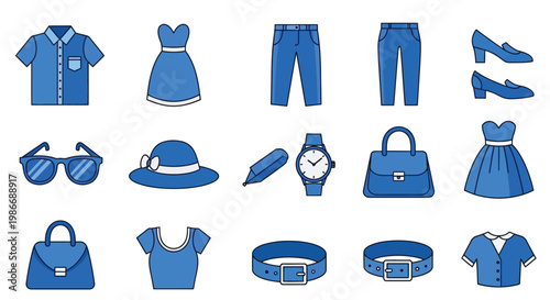 Set of blue fashion clothing and accessories vector icons for your modern style branding design projects today