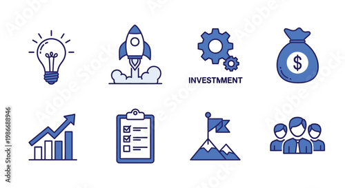 Modern business vector illustration set depicting essential elements for startup success, strategy, finance, and teamwork.