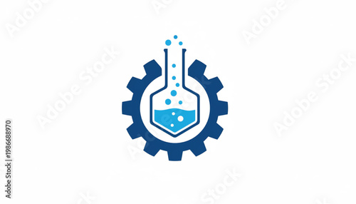 Chemical laboratory flask inside industrial gear icon with blue elements and water droplets representing testing process