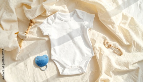 Soft beige fabric background with neatly arranged baby items: central plain white onesie surrounded by blue pacifier, plush teddy bear, sponge, wooden rattle, and hairbrush, evoking warmth, care, and 