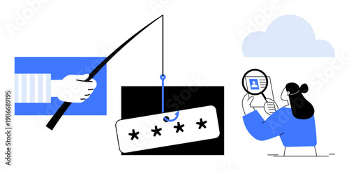 Cybersecurity concept. Cybersecurity symbols highlighting password protection and identity verification. Cybersecurity addressing phishing threats and online identity safety. For IT, data protection
