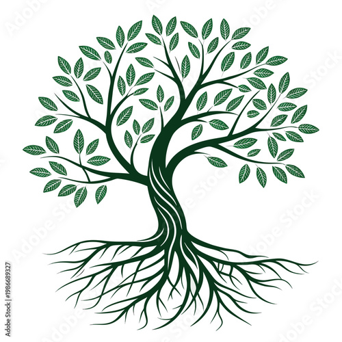 Stylized green tree with prominent roots and swirling branches, against