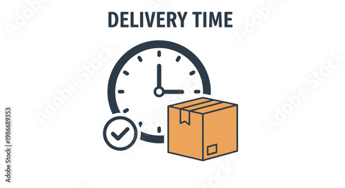 Modern vector graphic illustrating a delivery time concept with a clock, package box, and a success checkmark.