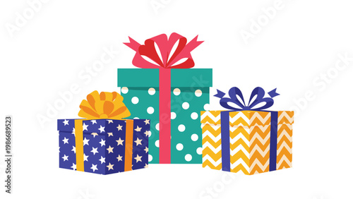 Three festive gift boxes wrapped in vibrant patterns with large ribbons and bows for holidays and special celebrations.