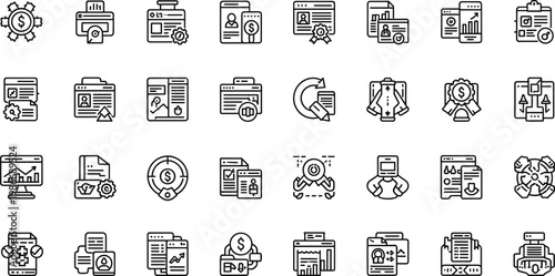 Business workflow and document management line icon set featuring analytics reports finance operations outline vector collection