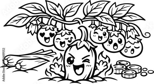 Happy cartoon eggplant with zucchini and peppers black and white line art hand drawn eggplant