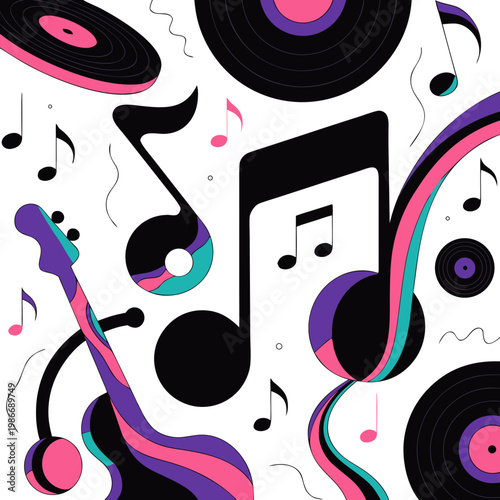 Abstract Music Background with Vinyl Records, Electric Guitar, and Musical Notes in Vibrant Retro Style