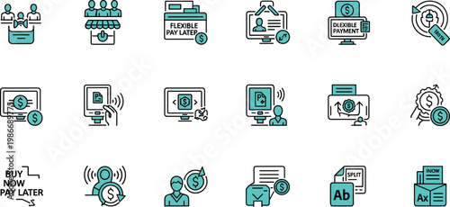 Buy now pay later fintech line icon set featuring flexible payments installment shopping digital finance and online transactions