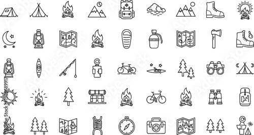 Camping and outdoor adventure line icon set featuring hiking travel nature minimal outline vector collection