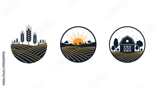Three circular farm badges showcasing a wheat field, a sun rising over hills, and a barn nestled among green trees.