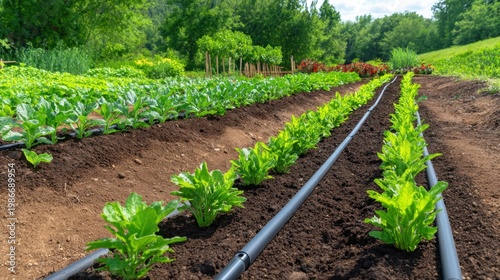 A vibrant scene of rows of leafy greens growing in well-watered soil under a clear sky