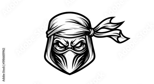 Graphic illustration of a masked figure with determined expression isolated