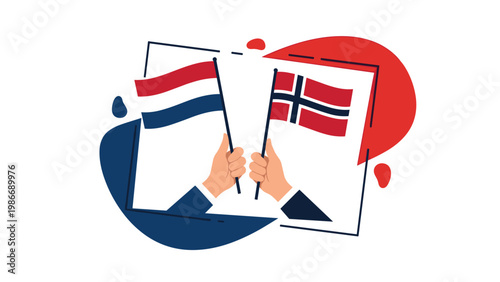 Two hands holding the national flags of the Netherlands and Norway crossed in partnership against a colorful abstract backdrop.