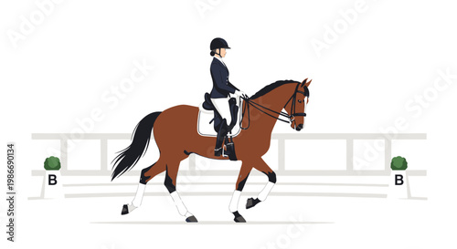 Equestrian rider in formal dressage attire on a brown horse illustration