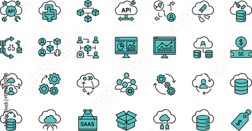 Cloud computing and API integration line icon set featuring SaaS platforms data storage automation networking and digital infrastructure