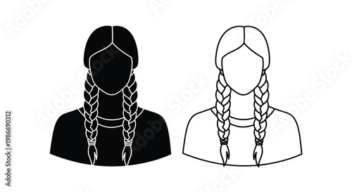 Two faceless female figures with braided hair are shown in a black and white style