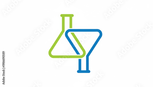 Chemistry flask icon with green and blue outline, vector style lab symbol for scientific education and branding