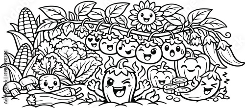 Doodle of various cartoon vegetables in a garden setting with black and white line art hand drawn