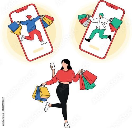 Online Shopping and Mobile Shopping Illustrations with Colorful Bags and Shopping Apps