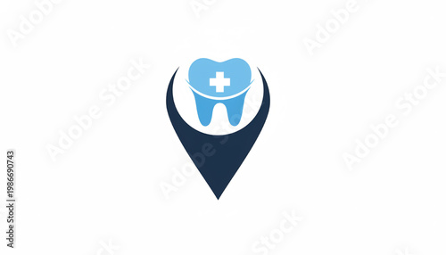 Tooth health care icon with blue dental shape, white medical cross, and dark location pin background