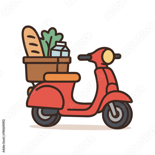 Cute Cartoon Red Food Delivery Scooter with Grocery Basket and Fresh Produce for Delivery Service