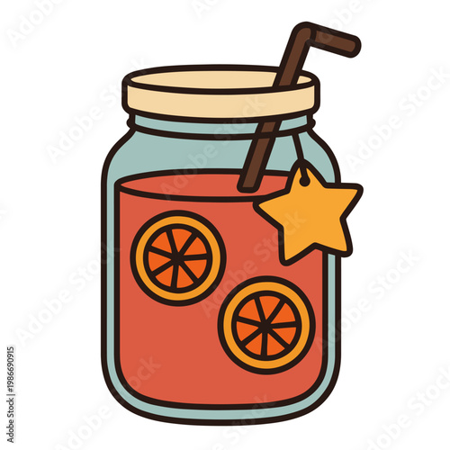 Cute Cartoon Mason Jar Juice Drink with Orange Slices Straw and Star Charm for Beverage