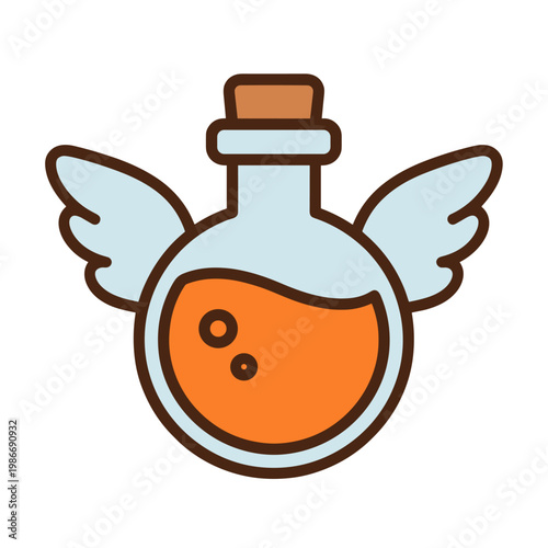 Cute Cartoon Winged Magic Potion Bottle with Orange Liquid and Cork for Fantasy and Alchemy