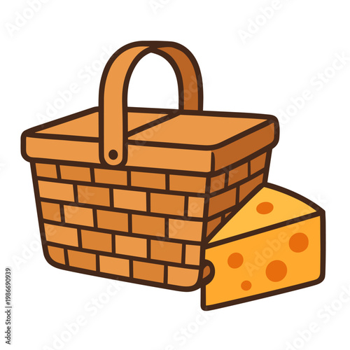 Cute Cartoon Wicker Picnic Basket with Cheese Blocks for Food and Outdoor Leisure