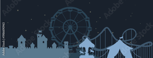 Night Amusement Park Silhouette and Theme Park Landscape Vector